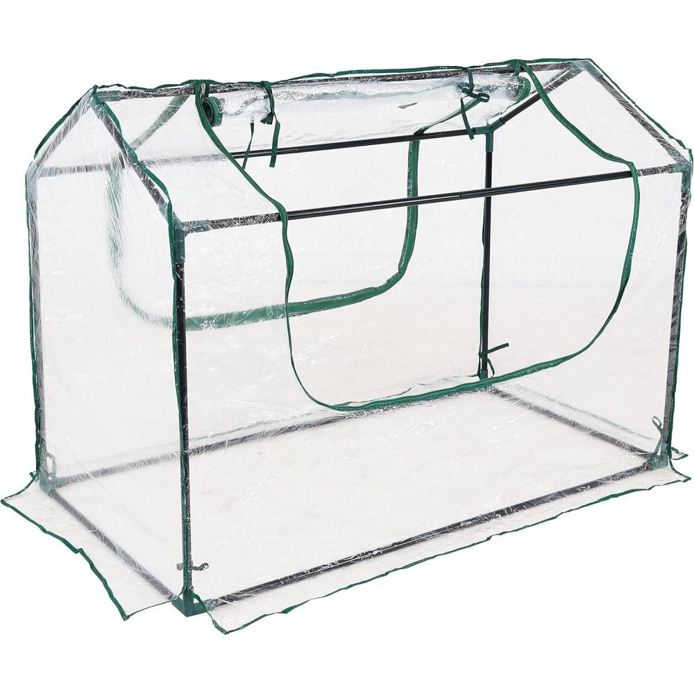 imageSunnydaze Outdoor Portable Mini Greenhouse Tent with 2 Zippered Side Doors and Iron Tube Frame  Clear  4 x 2Clear