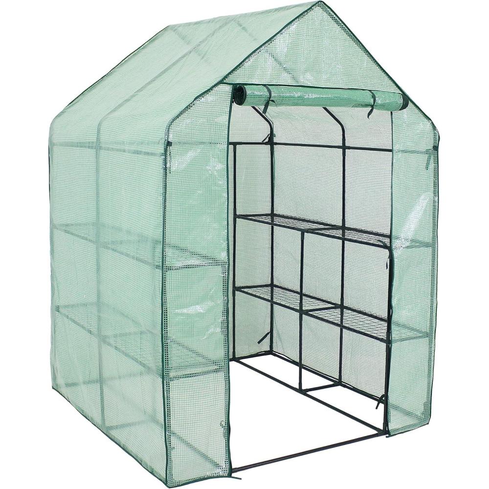 imageSunnydaze Portable Outdoor Grandeur Walkin Greenhouse with 4 Steel Wire Shelves and RollUp Door Green
