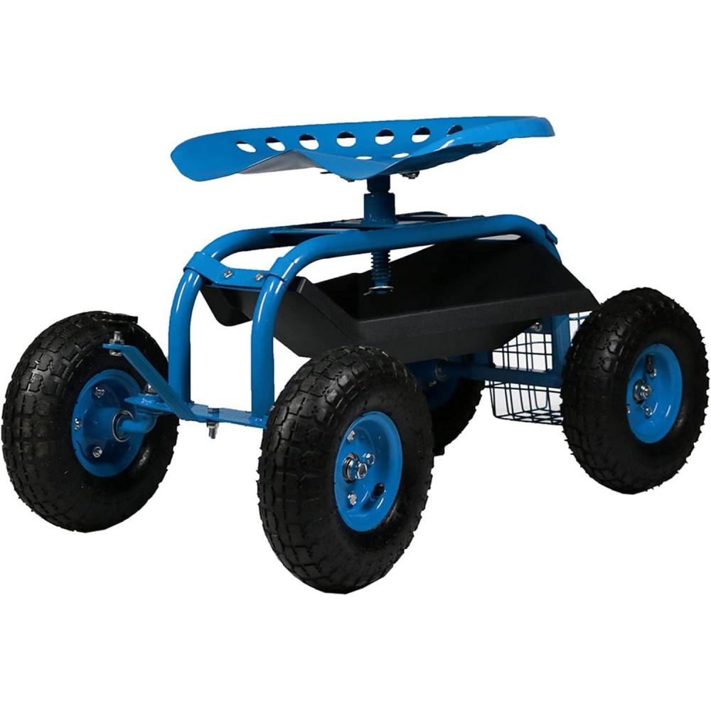 imageSunnydaze Rolling Garden Cart with Seat Garden Stool with Wheels and Adjustable 360Degree Swivel Seat Utility Tool Tray and Storage Basket Blue