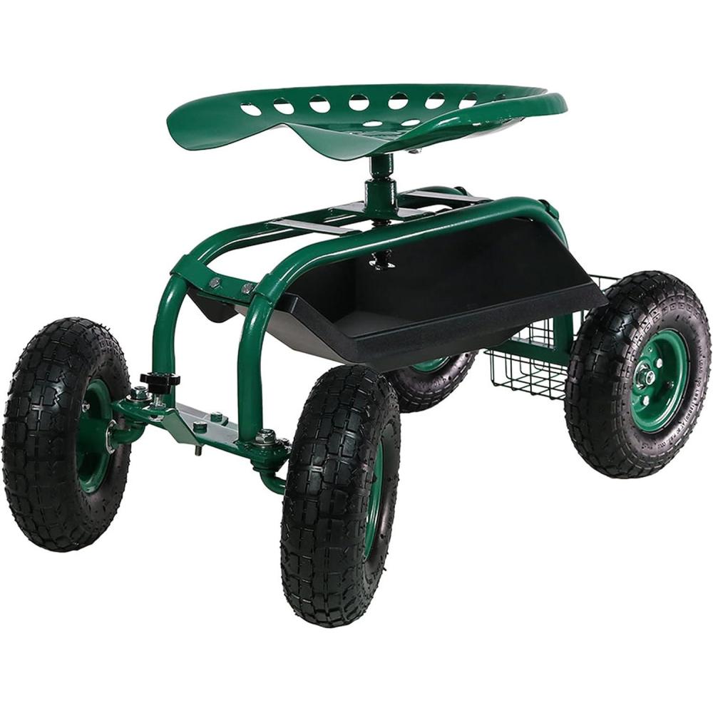 imageSunnydaze Rolling Garden Cart with Seat Garden Stool with Wheels and Adjustable 360Degree Swivel Seat Utility Tool Tray and Storage Basket Green