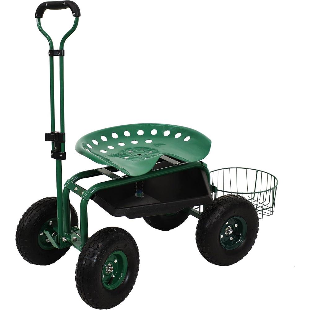 imageSunnydaze Rolling Garden Cart with Swivel Seat and Storage Rolling Garden Seat with Wheels Gardening Stool with Wheels RedGreen