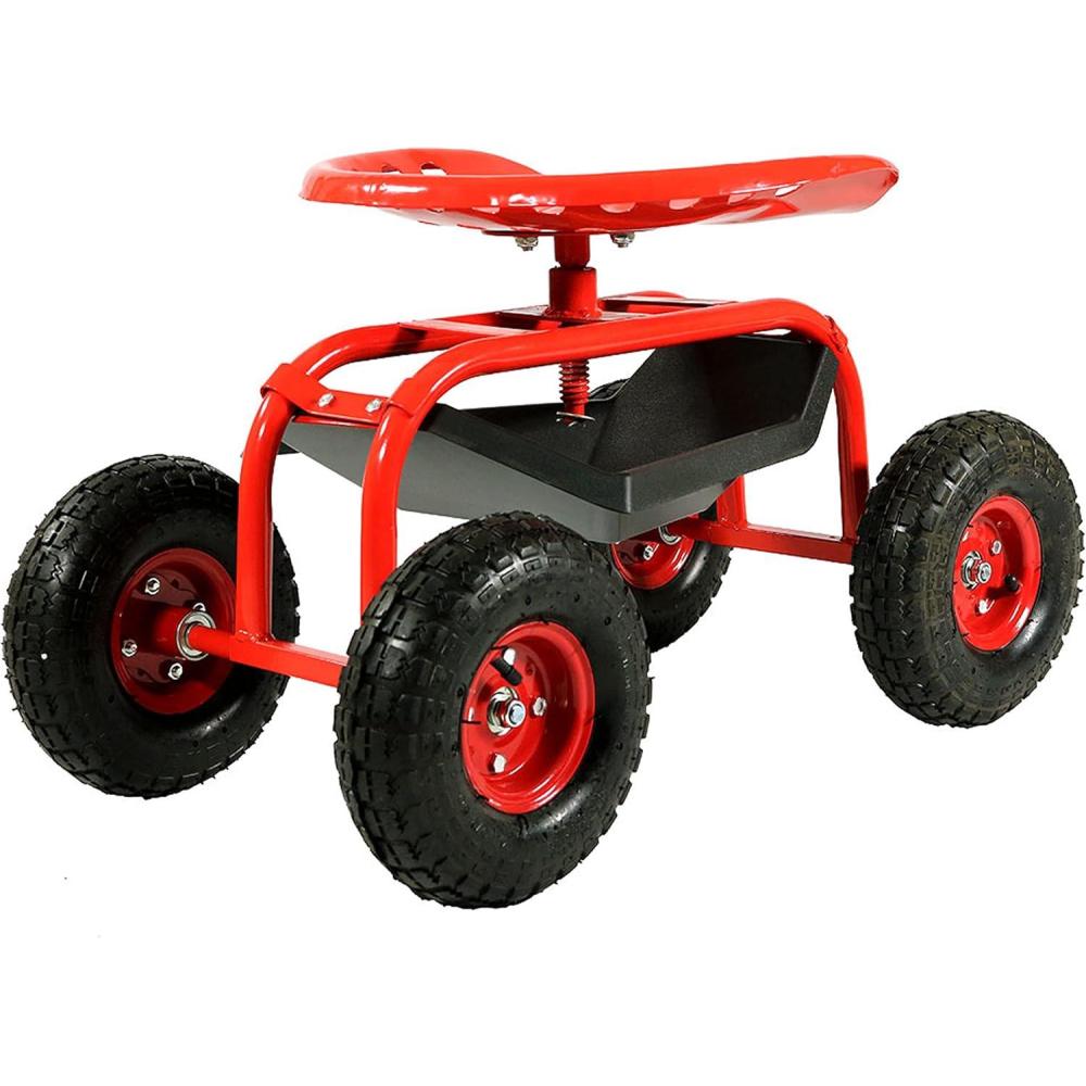 imageSunnydaze Rolling Garden Cart with Swivel Seat and Storage Rolling Garden Seat with Wheels Gardening Stool with Wheels RedRed