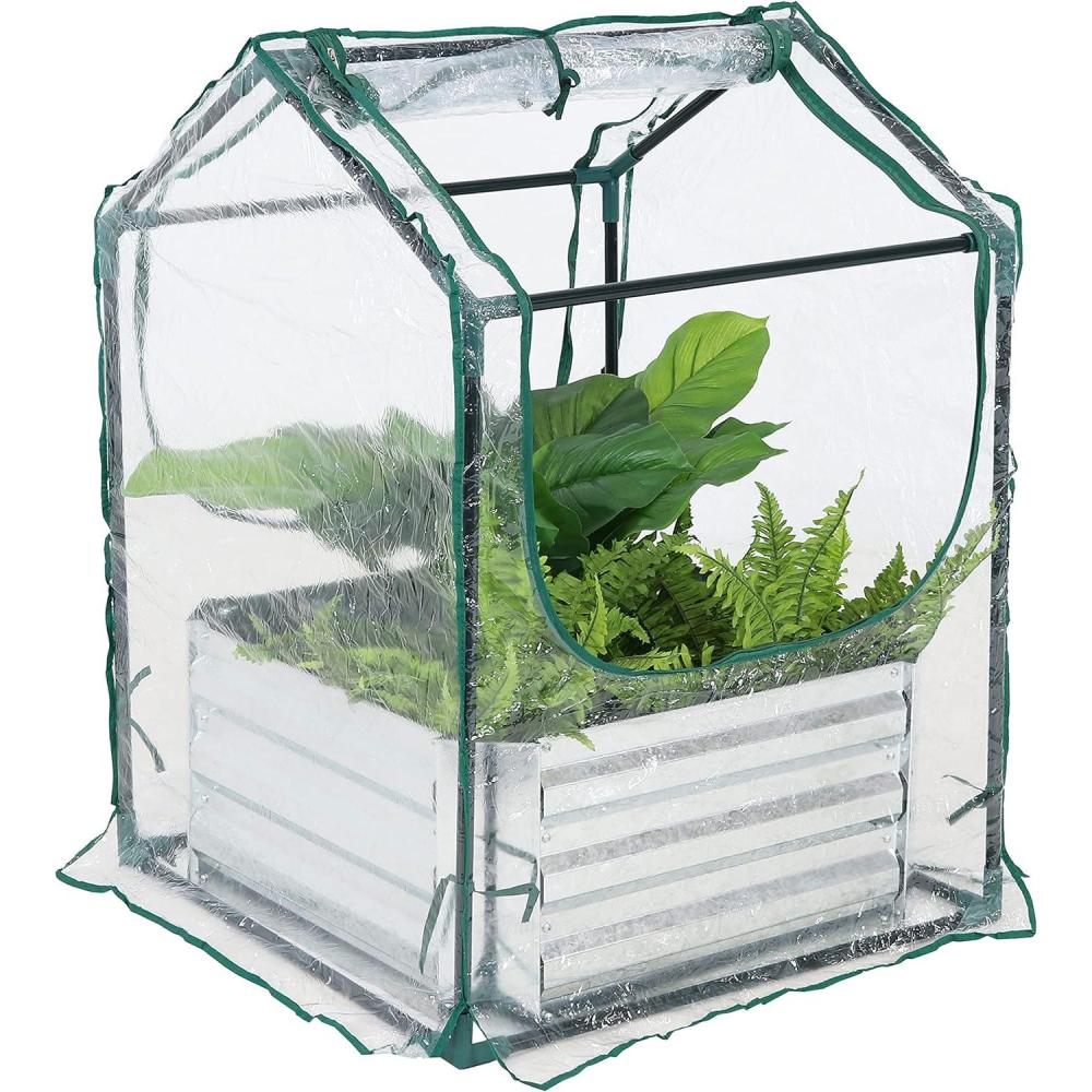 imageSunnydaze Steel Raised Garden Bed with Mini Greenhouse Outdoor Greenhouse Kit 2 Zippered Doors 2 x 2 GreenClear