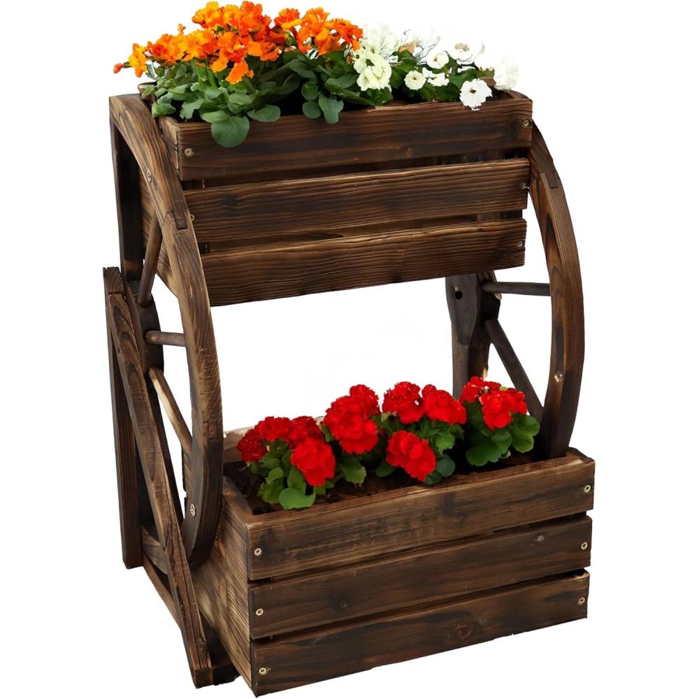 imageSunnydaze Wagon Wheel 2Tier Rustic Wood Plant Stand  Tiered Garden Box  for Patio Garden or Front Porch  Charred Fir WoodCharred Fir Wood