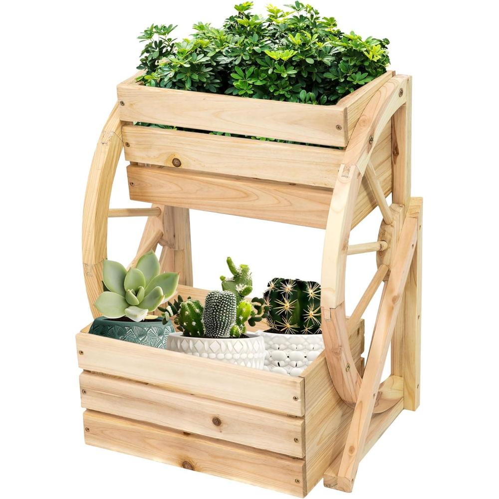 imageSunnydaze Wagon Wheel 2Tier Rustic Wood Plant Stand  Tiered Garden Box  for Patio Garden or Front Porch  Charred Fir WoodNatural Fir Wood