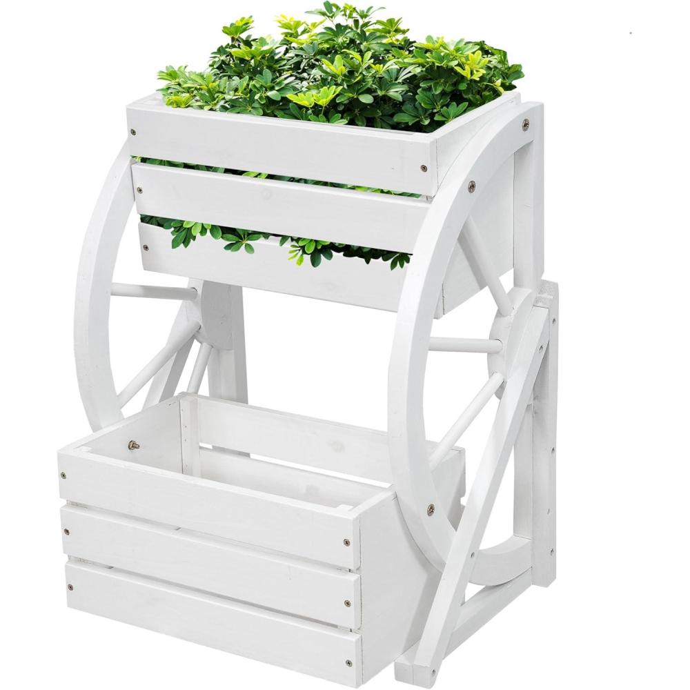 imageSunnydaze Wagon Wheel 2Tier Rustic Wood Plant Stand Tiered Garden Box for Patio Garden or Front Porch Charred Fir WoodWhite