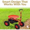 Sunnydaze Garden Cart with Wheels – Garden Stool on Wheels – Rolling Gardening Seat with Extendable Handle – Swivel Seat – Red
