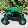 Sunnydaze Rolling Garden Cart with Seat – Garden Stool with Wheels and Adjustable 360-Degree Swivel Seat – Utility Tool Tray and Storage Basket – Green