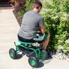 Sunnydaze Rolling Garden Cart with Seat – Garden Stool with Wheels and Adjustable 360-Degree Swivel Seat – Utility Tool Tray and Storage Basket – Green