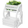 Sunnydaze Wagon Wheel 2-Tier Rustic Wood Plant Stand – Tiered Garden Box – for Patio, Garden, or Front Porch – Charred Fir Wood(White)