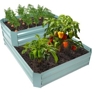 Sunnydaze 2-Tier Galvanized Steel Raised Garden Bed – for Flowers, Plants, and Vegetables – 94.5-Gal Soil Capacity – Silver(Green)