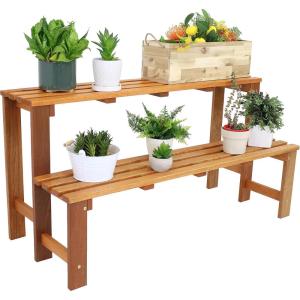 Sunnydaze 2-Tier Meranti Outdoor Wood Plant Stand – Indoor Plant Bench with Teak Oil Finish – 24-Inch