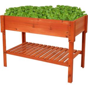 Sunnydaze 42-Inch Wooden Outdoor Raised Garden Bed with Lower Shelf for Flowers, Herbs, and Vegetables – Stained Finish(Stained Finish)