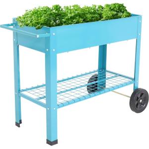 Sunnydaze 43-Inch Galvanized Steel Raised Garden Bed with Legs – Outdoor Elevated Planter Box with Wheels for Vegetables – Black(Blue)