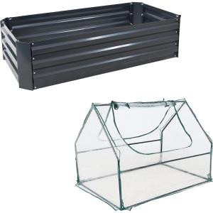 Sunnydaze 48-Inch x 11.75-Inch Rectangle Dark Gray Corrugated Galvanized Steel Raised Garden Bed and Clear 4 x 3 Feet Mini Greenhouse with 2 Zippered Side Doors and Steel Tube Frame with PVC Panels Bu