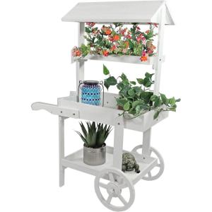 Sunnydaze Flower Cart Display Stand with Wheels – Dessert Candy Cart – Market Flower Display Stand – 2 Shelves – Fir Wood – White(White)
