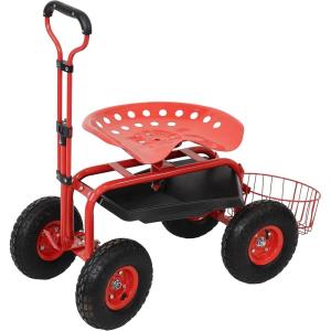 Sunnydaze Garden Cart with Wheels – Garden Stool on Wheels – Rolling Gardening Seat with Extendable Handle – Swivel Seat – Red