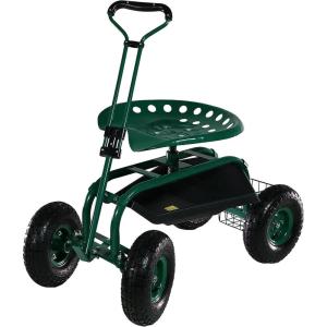 Sunnydaze Garden Seat with Wheels – Rolling Gardening Seat – Garden Stool on Wheels with Adjustable Handle and Utility Tray – Green