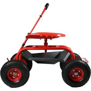Sunnydaze Garden Seat with Wheels – Rolling Gardening Seat – Garden Stool on Wheels with Adjustable Handle and Utility Tray – Red