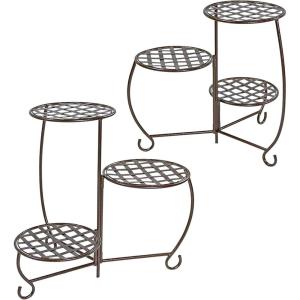 Sunnydaze Indoor or Outdoor Plant Stand for Potted Plants – 3-Tier Checkered Design – Set of 2 – Bronze