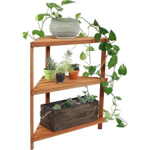 Sunnydaze Meranti Wood 3-Tier Corner Plant Stand Shelves with Teak Oil Finish – Indoor/Outdoor Wooden Planter Furniture – Potted Plant Holder Table for Patio and Home – 36-Inch