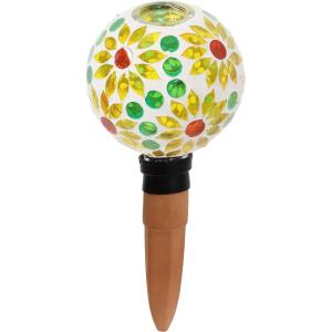 Sunnydaze Mosaic Glass Plant Watering Globe with Clay Spike – Decorative Self-Watering Planter Insert – Water Dripper for Plants – 9.5″ – Spring Petals(Bright Blooms)