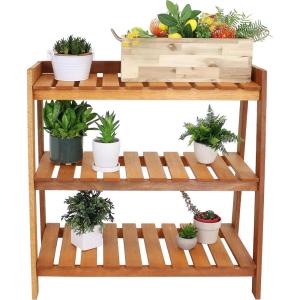 Sunnydaze Outdoor Meranti Wood 3-Tiered Garden Shelf with Teak Oil Finish