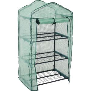 Sunnydaze Outdoor Portable 3-Tier Mini Greenhouse with Roll-up Zippered Door and Steel Wire Shelves – Green