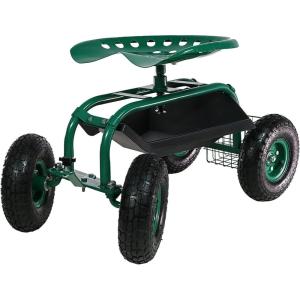 Sunnydaze Rolling Garden Cart with Seat – Garden Stool with Wheels and Adjustable 360-Degree Swivel Seat – Utility Tool Tray and Storage Basket – Green