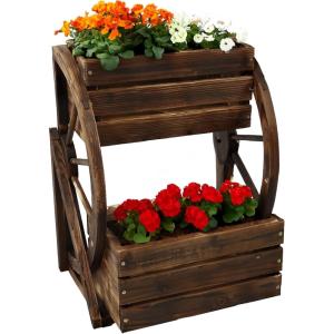 Sunnydaze Wagon Wheel 2-Tier Rustic Wood Plant Stand – Tiered Garden Box – for Patio, Garden, or Front Porch – Charred Fir Wood(Charred Fir Wood)