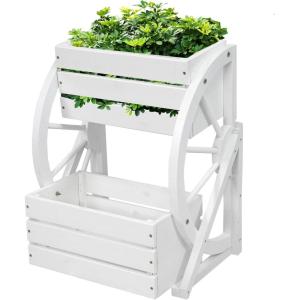 Sunnydaze Wagon Wheel 2-Tier Rustic Wood Plant Stand – Tiered Garden Box – for Patio, Garden, or Front Porch – Charred Fir Wood(White)