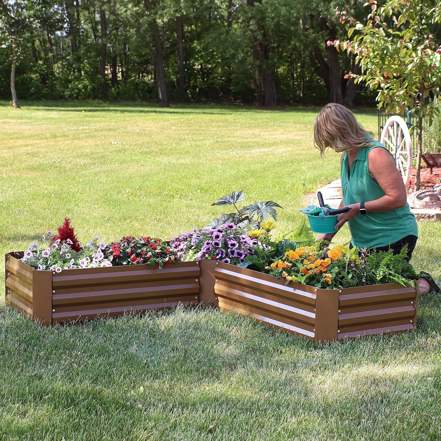 imageSunnydaze 1175quot H Raised Metal Garden Bed Galvanized Raised Garden Bed Outdoor for Vegetables and Flowers Brown LShaped