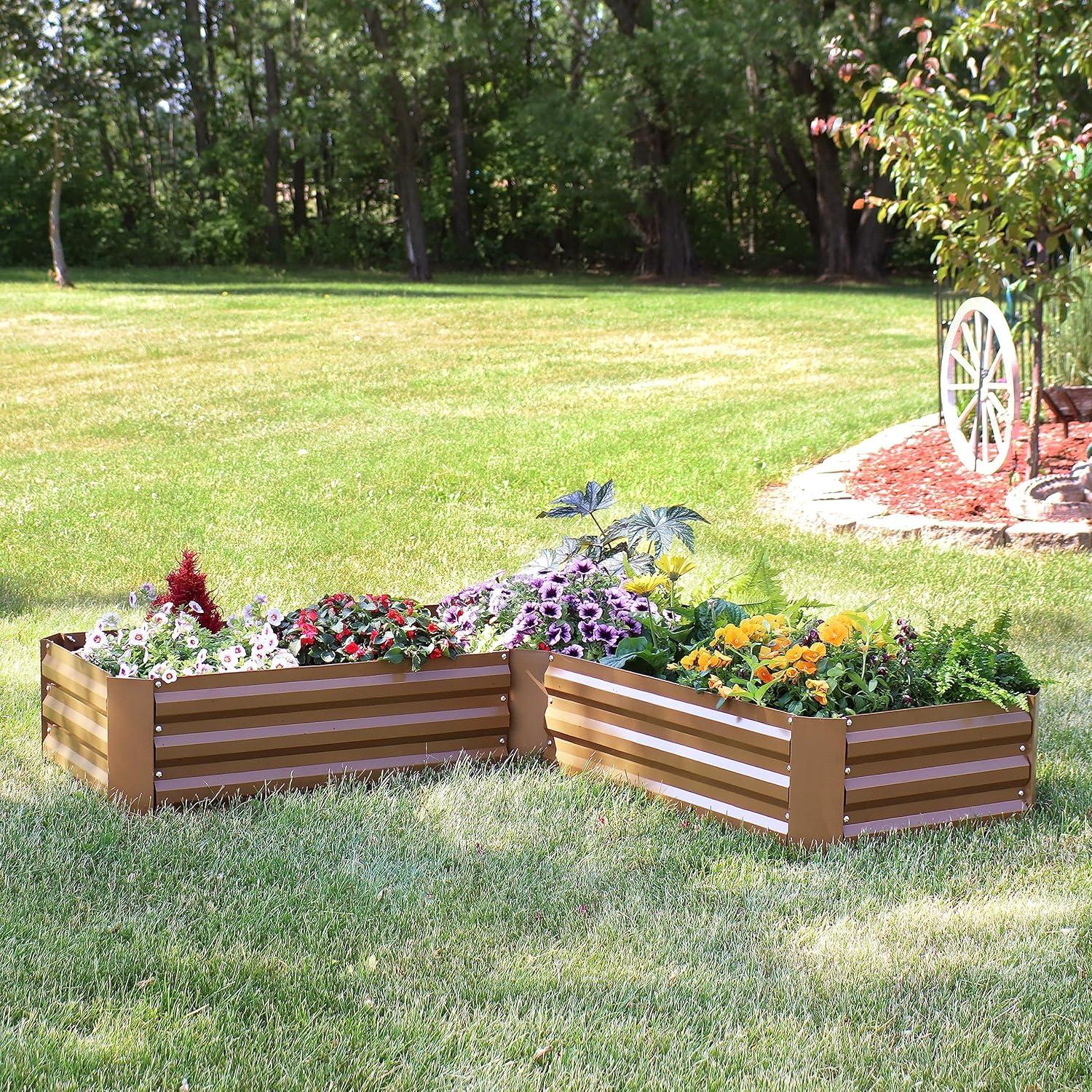 imageSunnydaze 1175quot H Raised Metal Garden Bed Galvanized Raised Garden Bed Outdoor for Vegetables and Flowers Brown LShaped