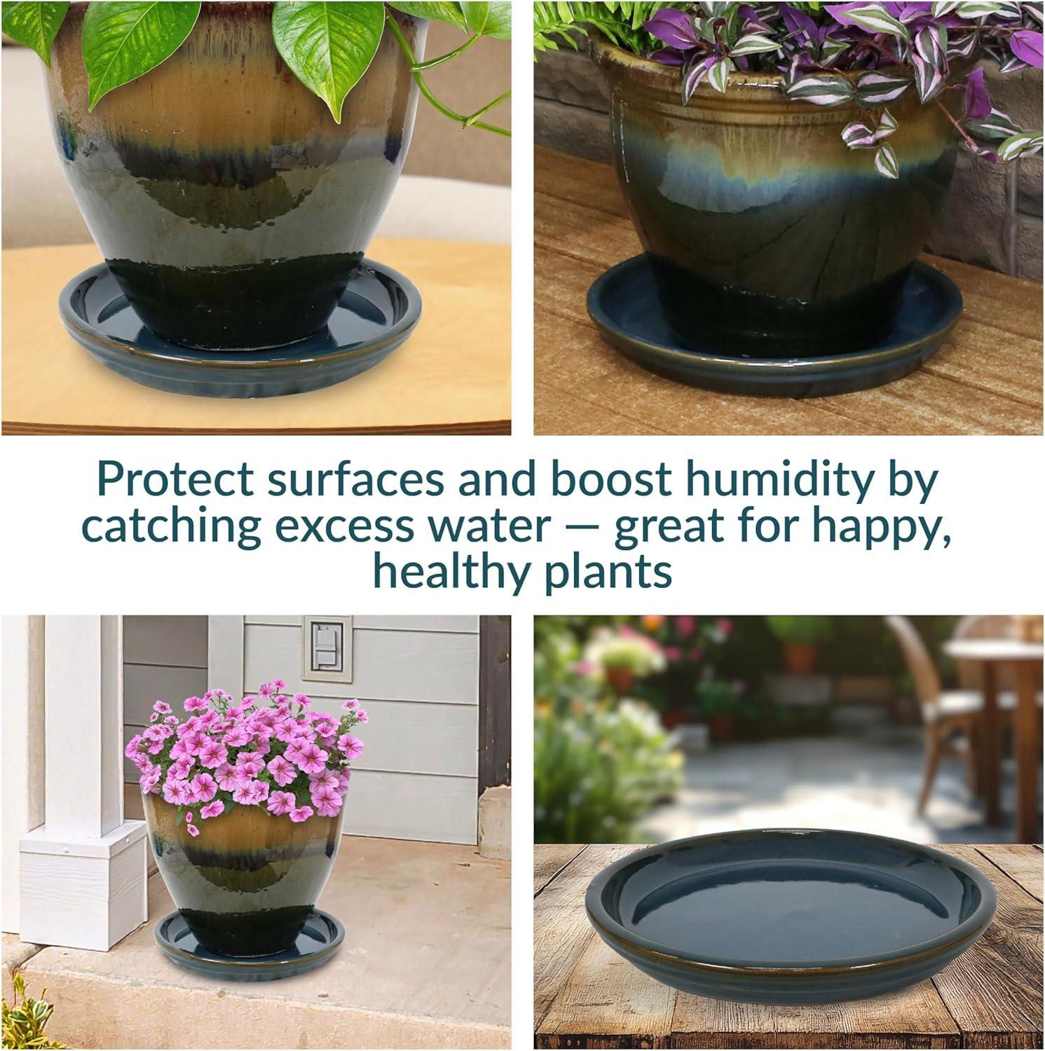 imageSunnydaze 12Inch Ceramic Plant Saucers Plant Drip Trays for Outdoor Planter Flower Pot Drainage Set of 2 Imperial BlueForest Lake Green