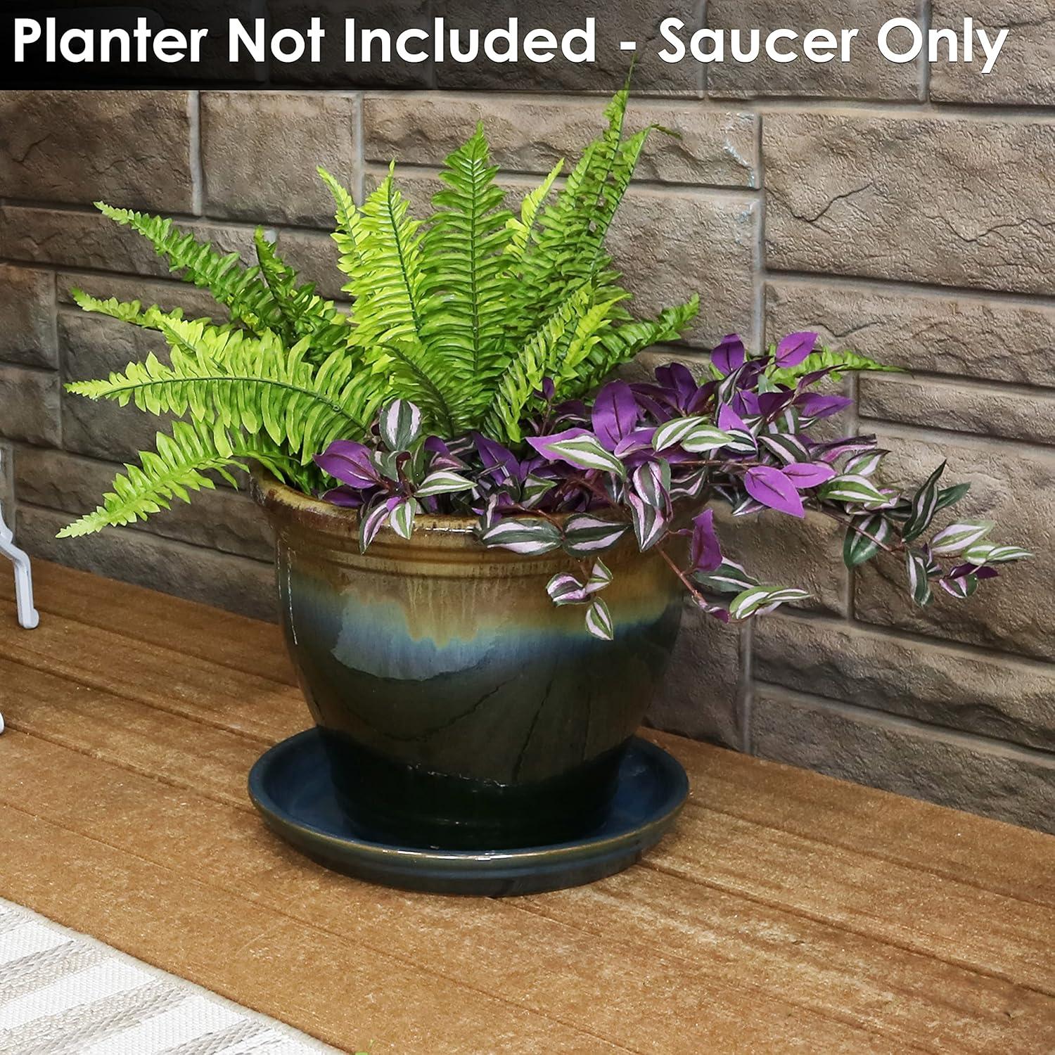 imageSunnydaze 12Inch Ceramic Plant Saucers Plant Drip Trays for Outdoor Planter Flower Pot Drainage Set of 2 Imperial BlueForest Lake Green