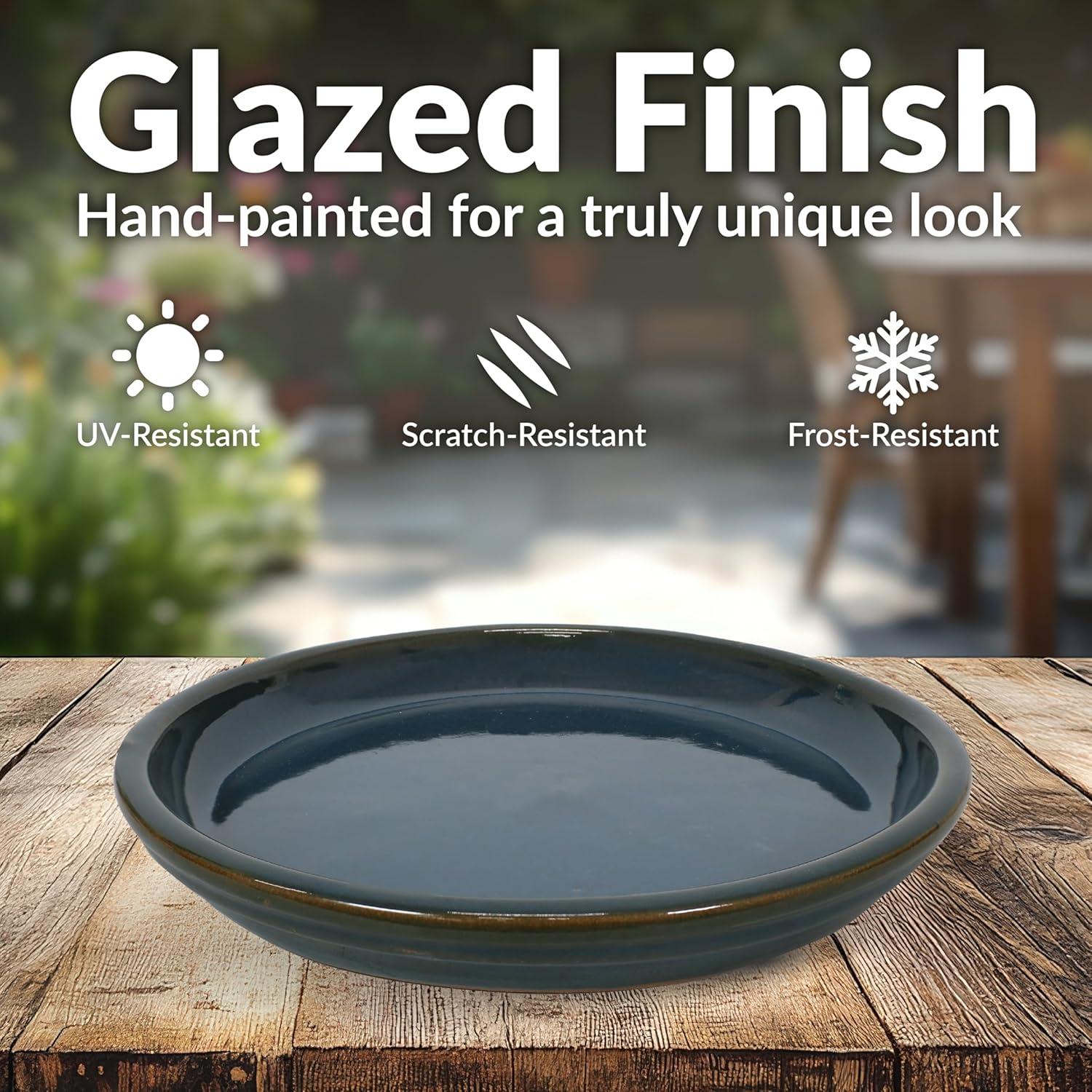 imageSunnydaze 12Inch Ceramic Plant Saucers Plant Drip Trays for Outdoor Planter Flower Pot Drainage Set of 2 Imperial BlueForest Lake Green