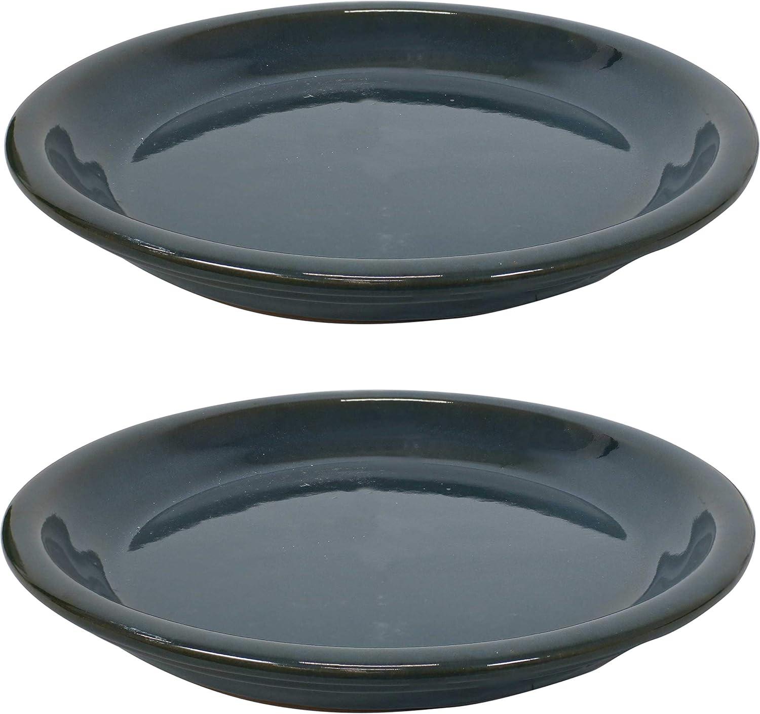 imageSunnydaze 12Inch Ceramic Plant Saucers Plant Drip Trays for Outdoor Planter Flower Pot Drainage Set of 2 Imperial BlueForest Lake Green