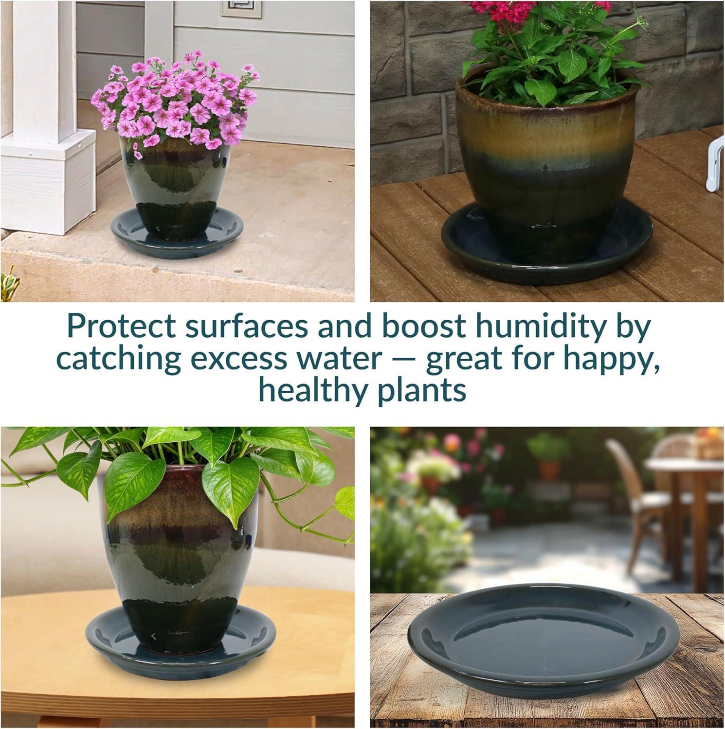 imageSunnydaze 12Inch Ceramic Plant Saucers Plant Drip Trays for Outdoor Planter Flower Pot Drainage Set of 2 Imperial BlueForest Lake Green