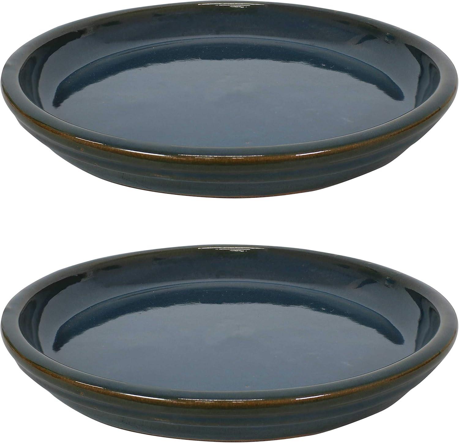 imageSunnydaze 12Inch Ceramic Plant Saucers Plant Drip Trays for Outdoor Planter Flower Pot Drainage Set of 2 Imperial BlueForest Lake Green