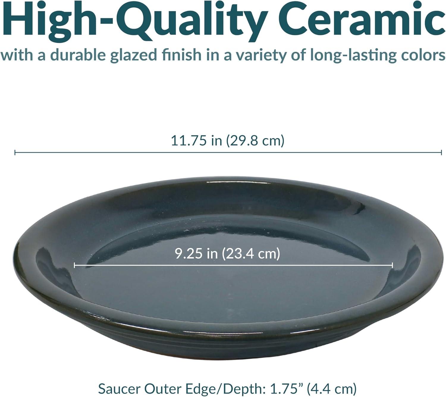 imageSunnydaze 12Inch Ceramic Plant Saucers Plant Drip Trays for Outdoor Planter Flower Pot Drainage Set of 2 Imperial BlueForest Lake Green