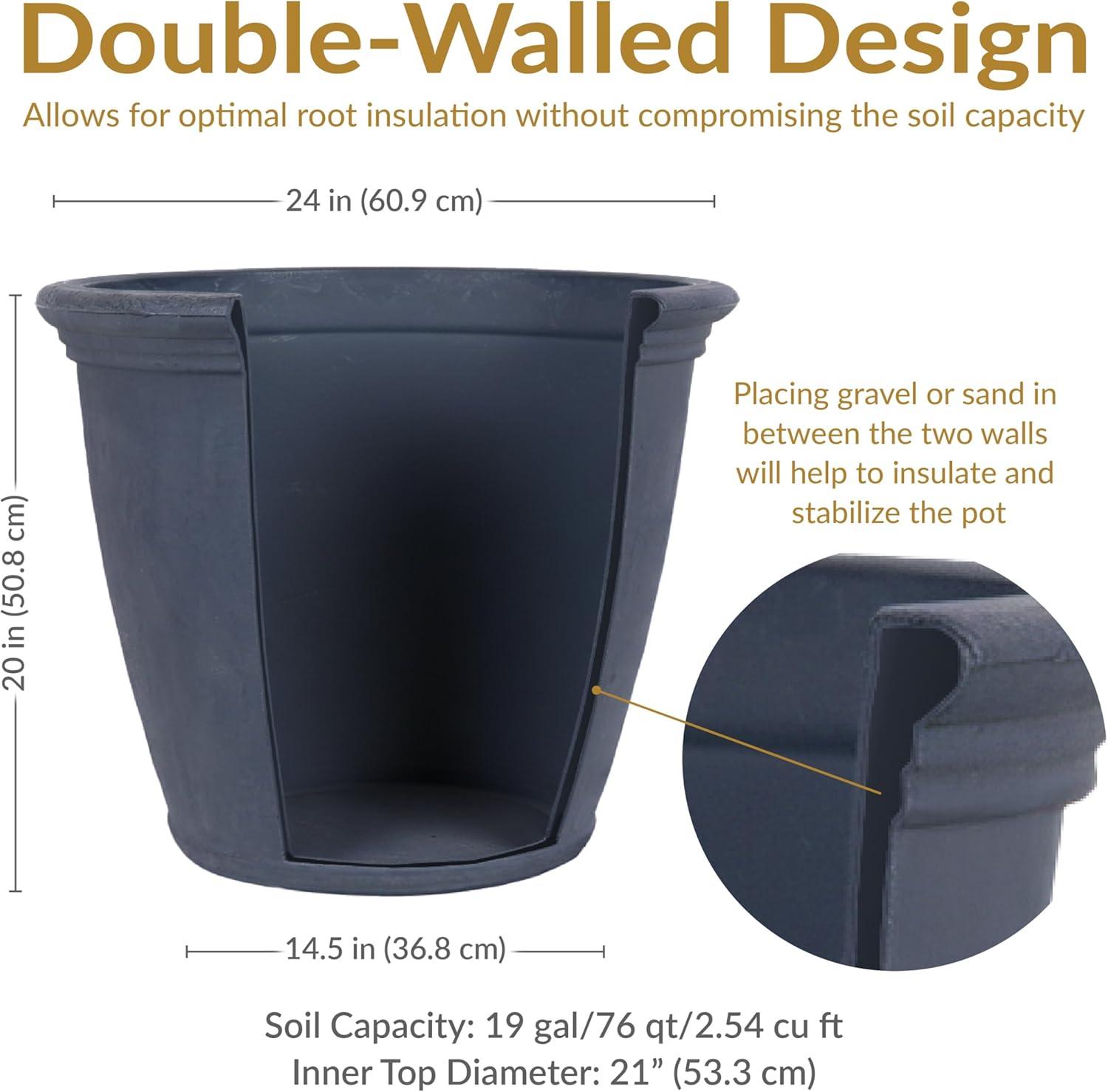 imageSunnydaze 24Inch Anjelica Large Plastic Pot for Plants DoubleWalled Outdoor Polyresin Round Planter Porch Pot with Drillable Drainage Holes Rust 4pkSlate