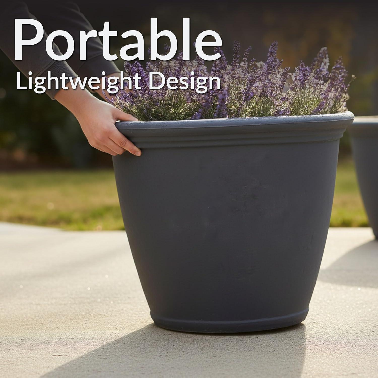 imageSunnydaze 24Inch Anjelica Large Plastic Pot for Plants DoubleWalled Outdoor Polyresin Round Planter Porch Pot with Drillable Drainage Holes Rust 4pkSlate