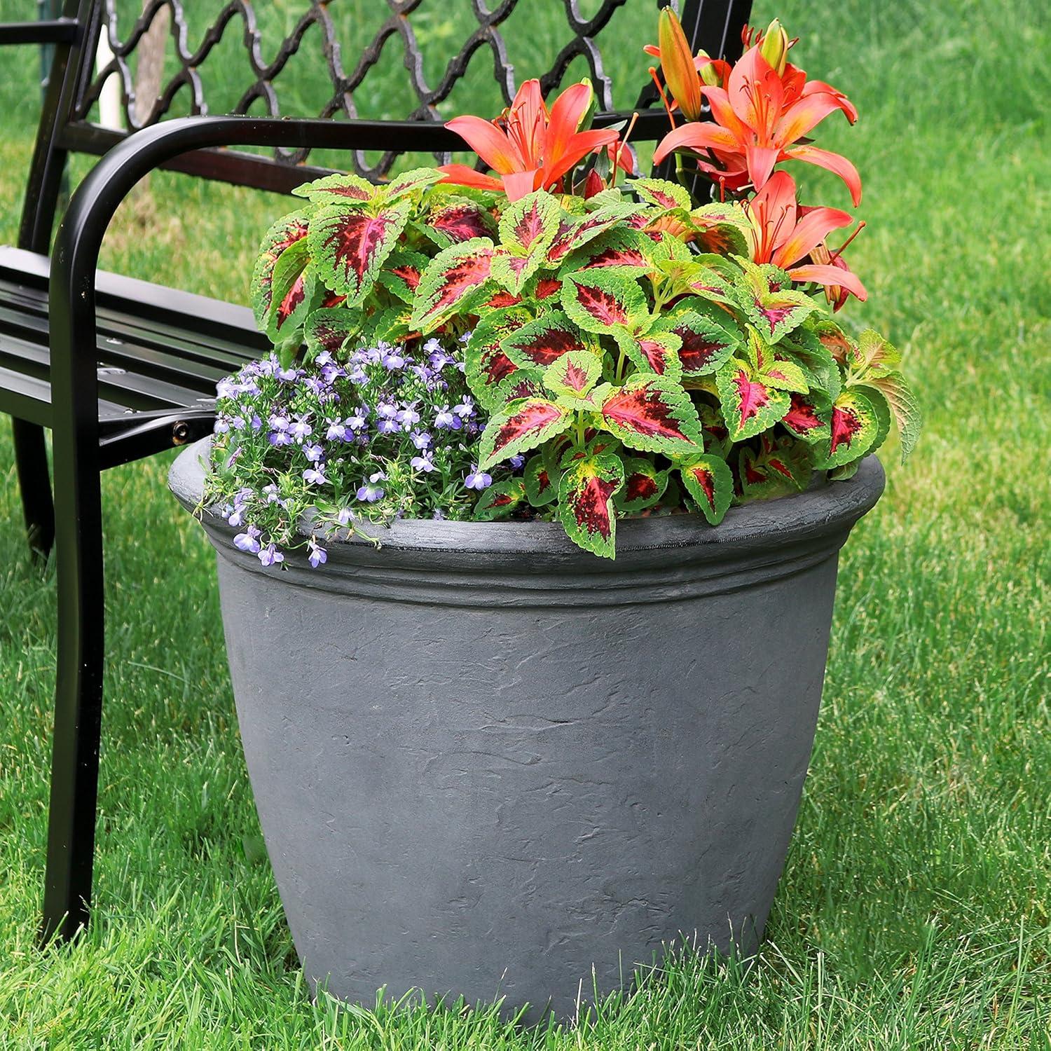 imageSunnydaze 24Inch Anjelica Large Plastic Pot for Plants DoubleWalled Outdoor Polyresin Round Planter Porch Pot with Drillable Drainage Holes Rust 4pkSlate