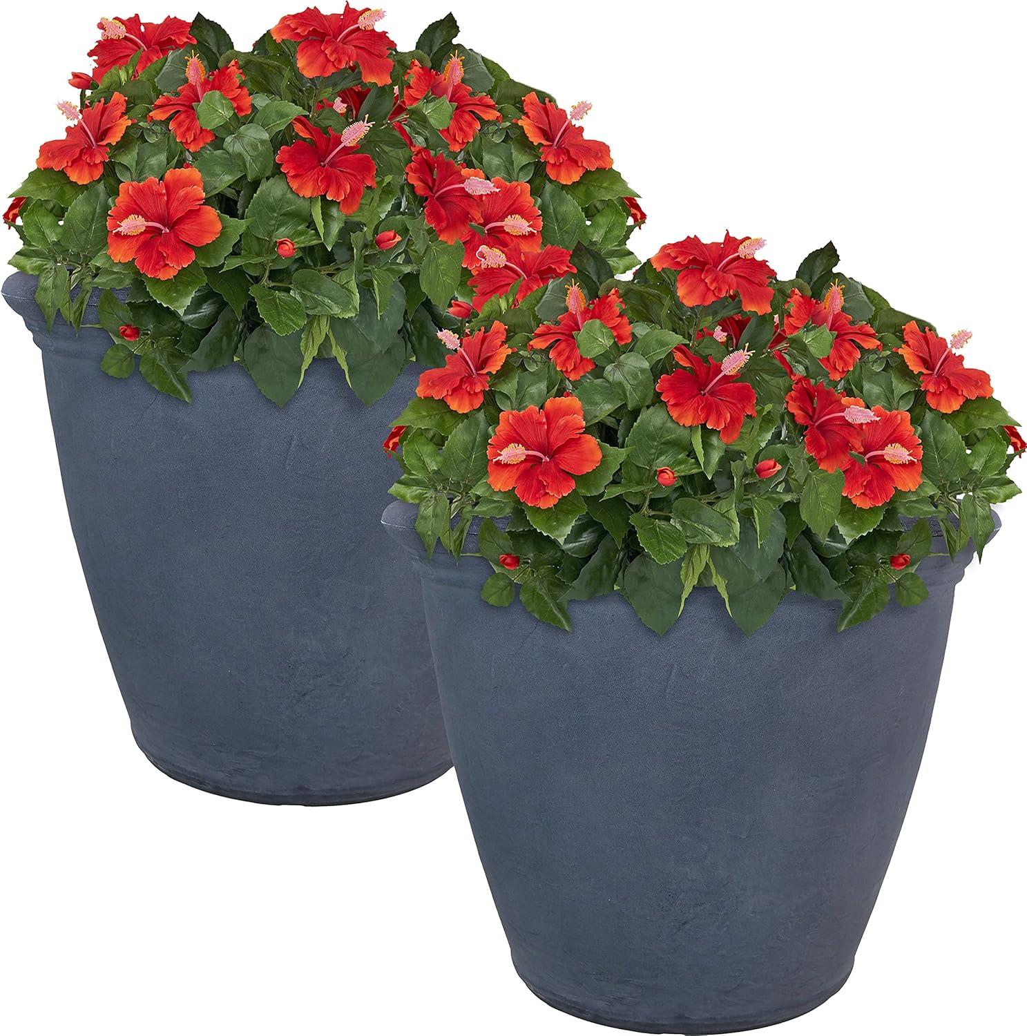 imageSunnydaze 24Inch Anjelica Large Plastic Pot for Plants DoubleWalled Outdoor Polyresin Round Planter Porch Pot with Drillable Drainage Holes Rust 4pkSlate