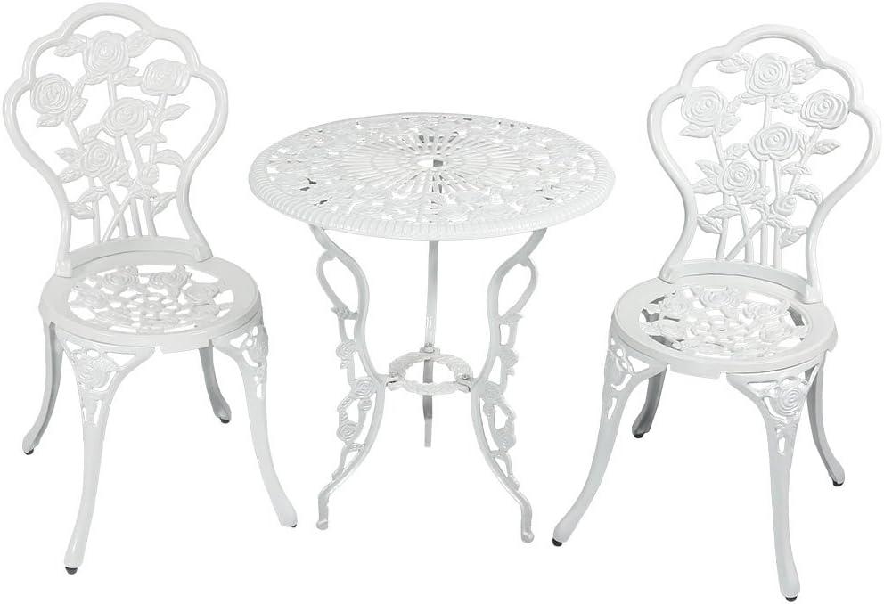 imageSunnydaze 3Piece Flower Designed Bistro Table Set with 2 Chairs Outdoor Cast Aluminum WhiteWhite Floral