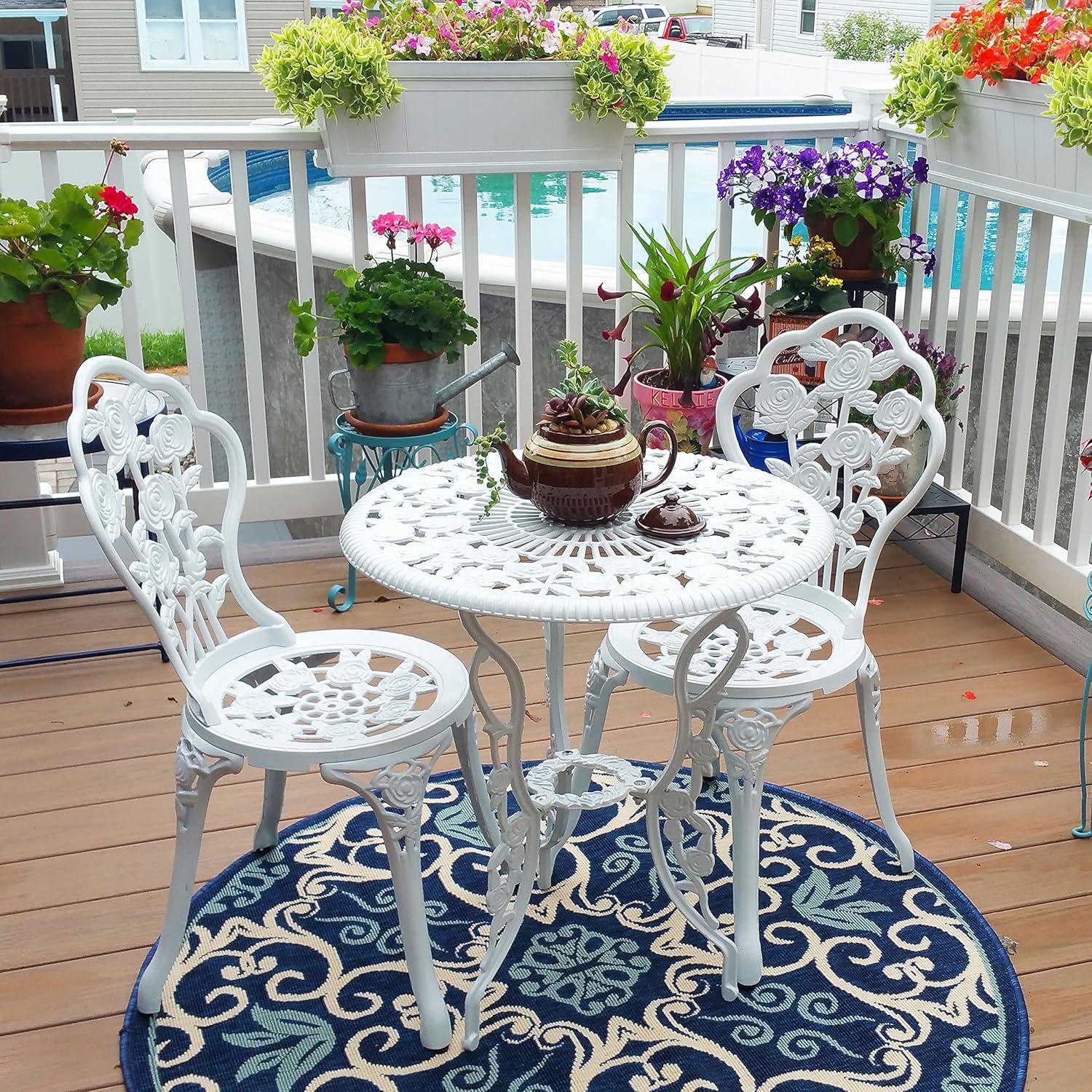 imageSunnydaze 3Piece Flower Designed Bistro Table Set with 2 Chairs Outdoor Cast Aluminum WhiteWhite Floral
