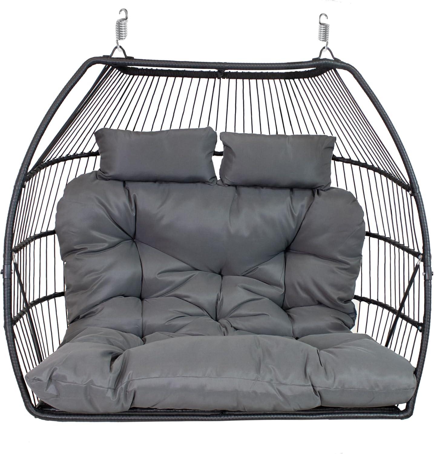 imageSunnydaze Andrei Double Hanging Egg Chair with Cushion 2Person Outdoor Egg Chair Includes Polyester Cushion Dark Gray