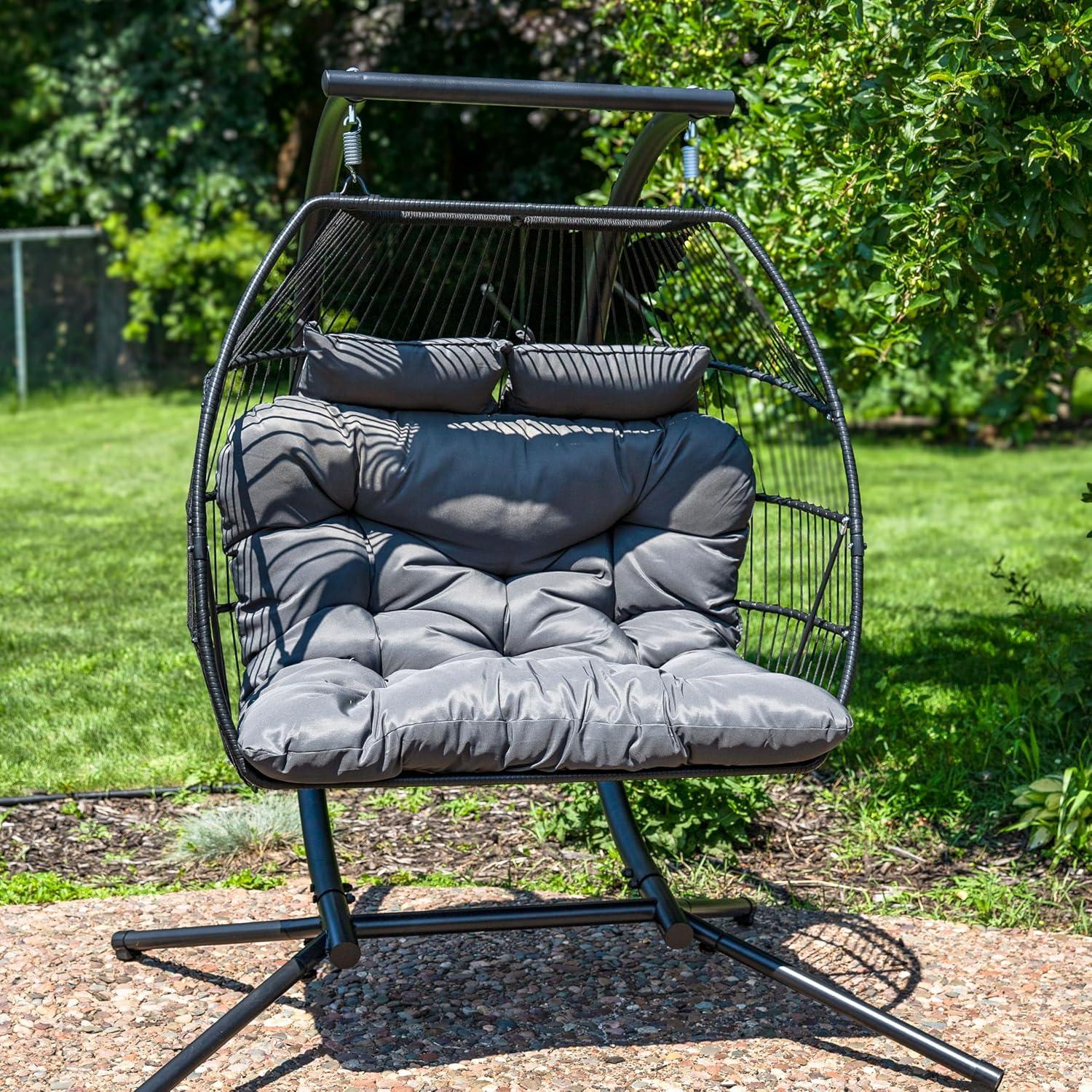 imageSunnydaze Andrei Double Hanging Egg Chair with Cushion 2Person Outdoor Egg Chair Includes Polyester Cushion Dark Gray