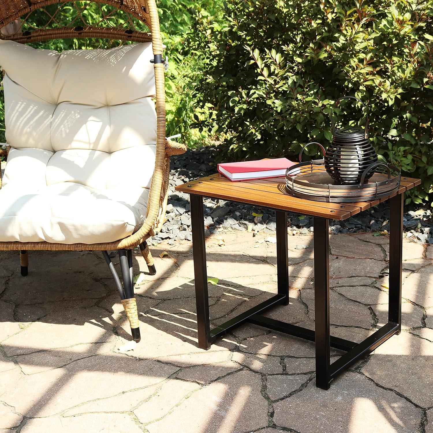 imageSunnydaze European Chestnut Wooden Adirondack Side Table Square Outdoor End Table for Patio with Steel Frame 20Inch Brown