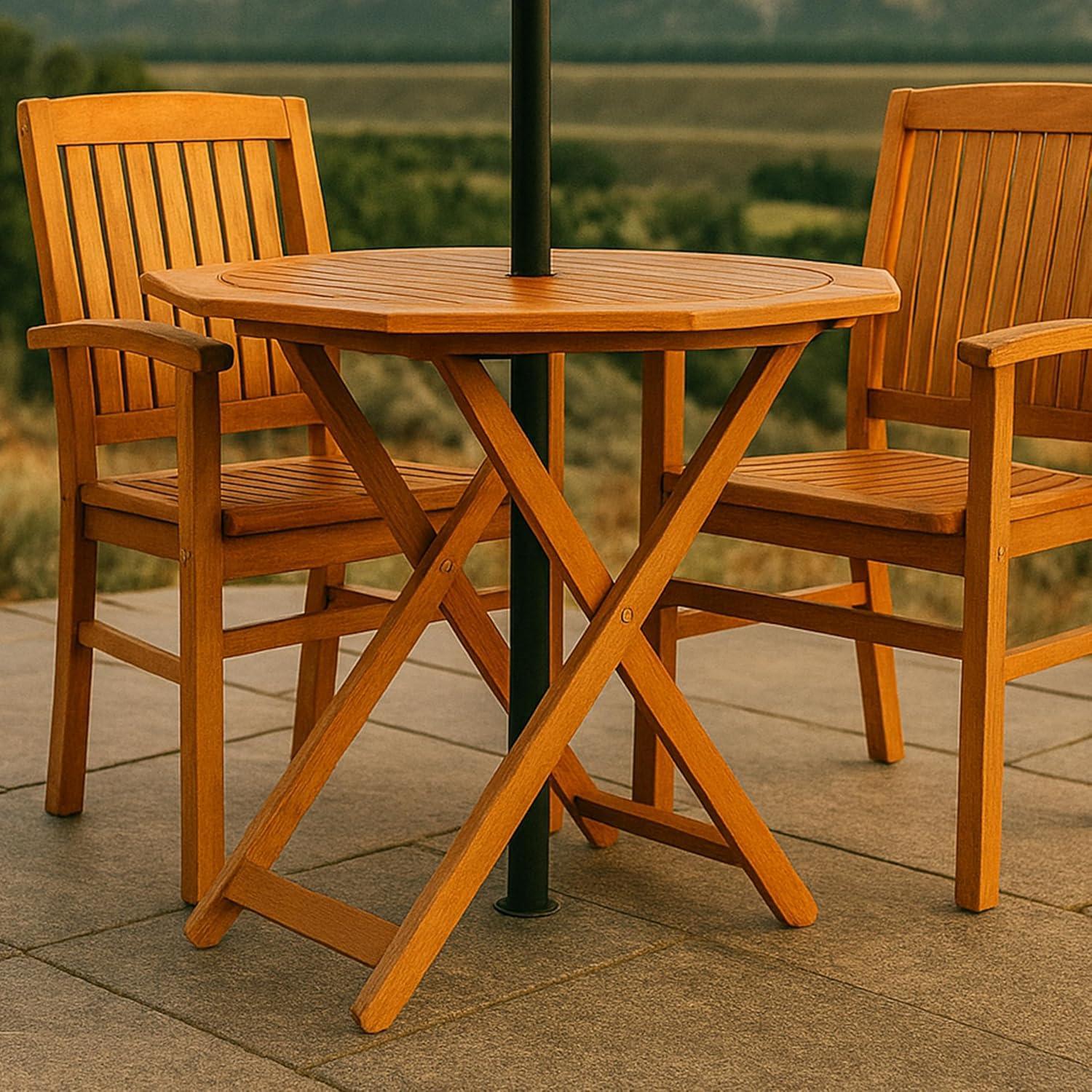imageSunnydaze Folding Meranti Wood Outdoor Dining Table with Umbrella Hole Foldable Teak Patio Table Teak Oil Finish Octagon